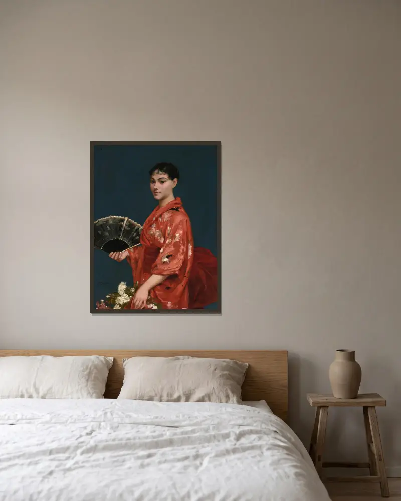 Young Woman in a Red Kimono av Frank Buchser inramad på en vägg