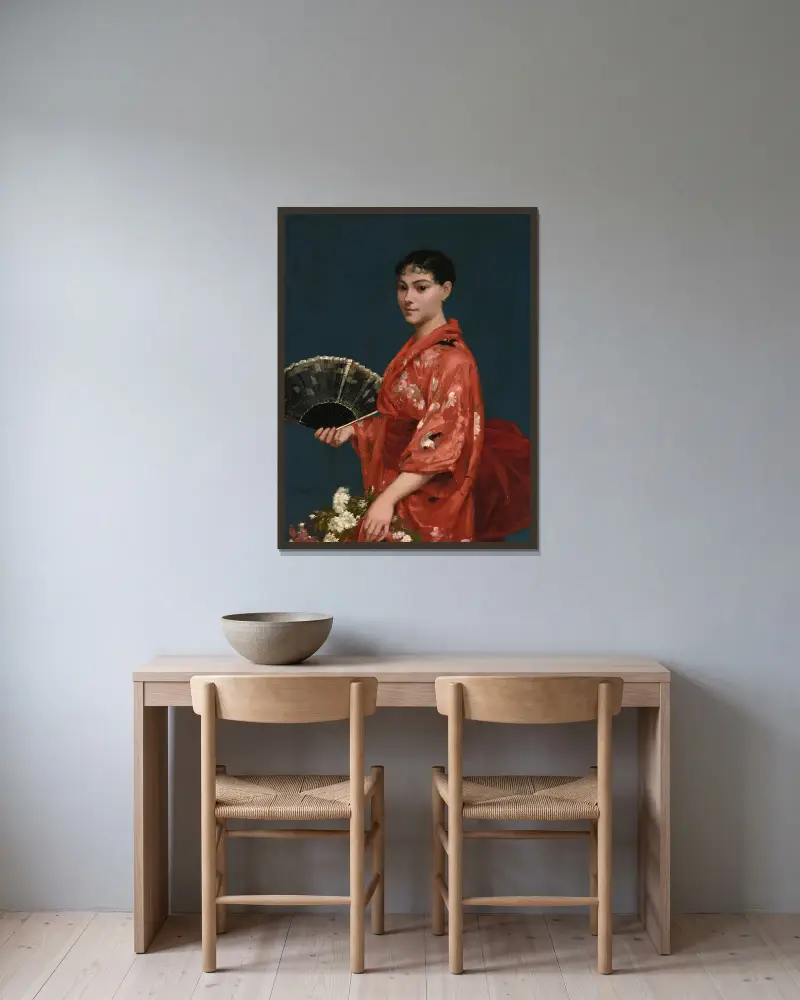Young Woman in a Red Kimono av Frank Buchser inramad på en vägg