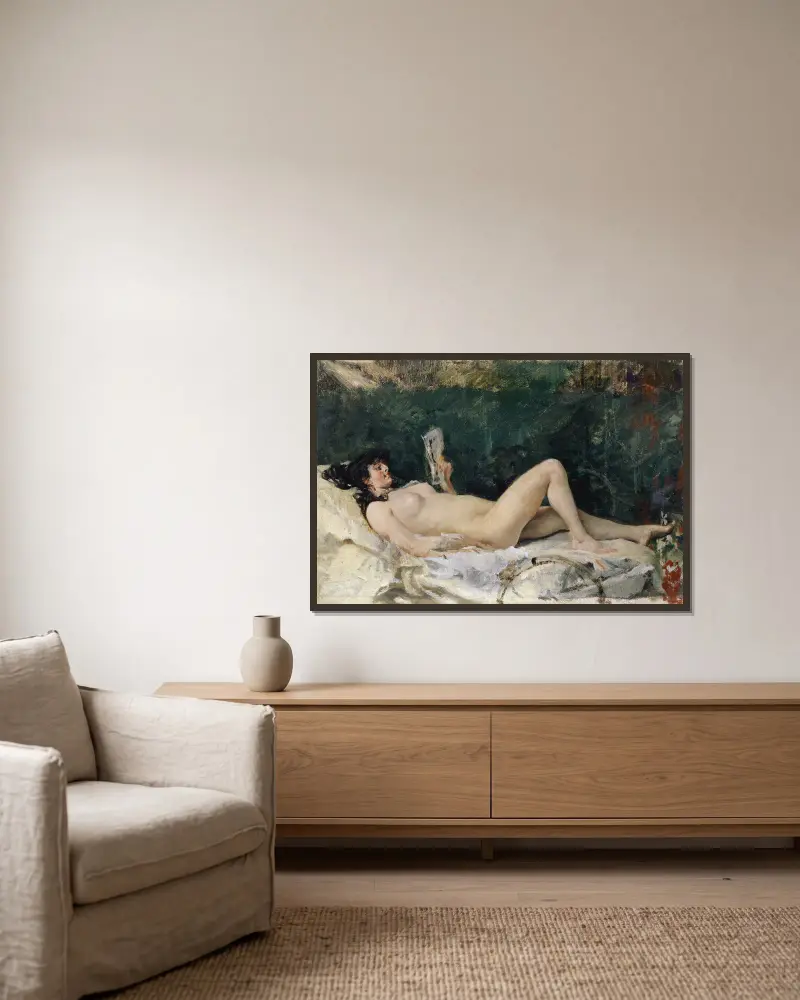 Young Woman Lying on a Bed and Reading av Frank Buchser inramad på en vägg