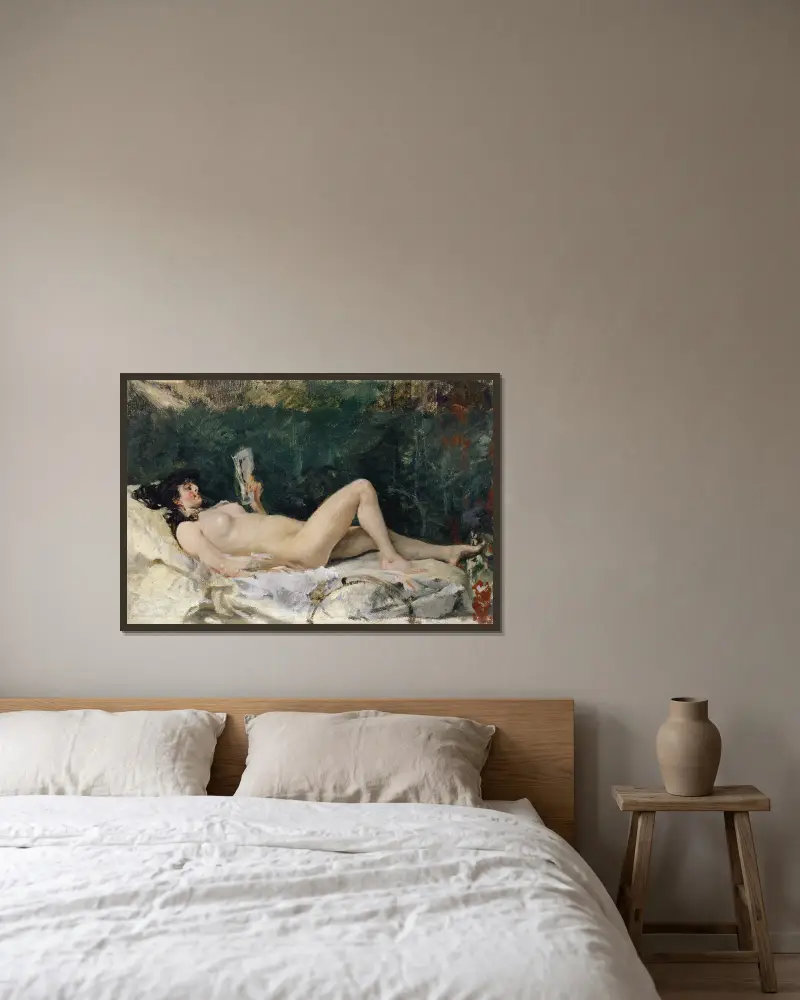 Young Woman Lying on a Bed and Reading av Frank Buchser inramad på en vägg