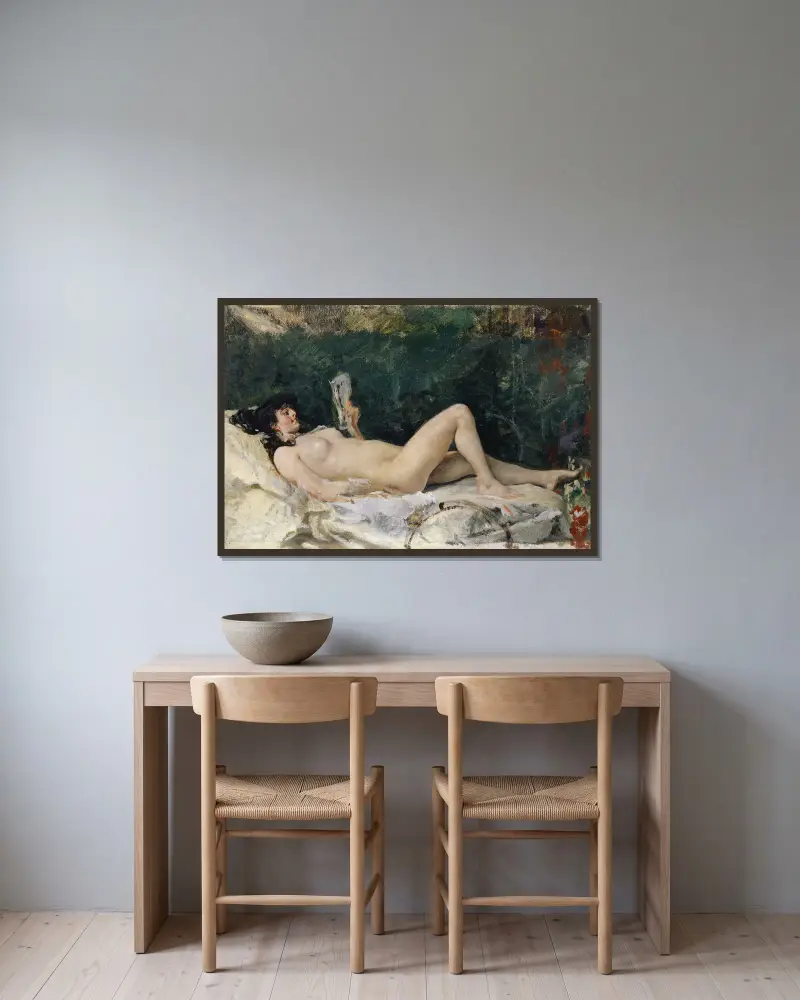 Young Woman Lying on a Bed and Reading av Frank Buchser inramad på en vägg