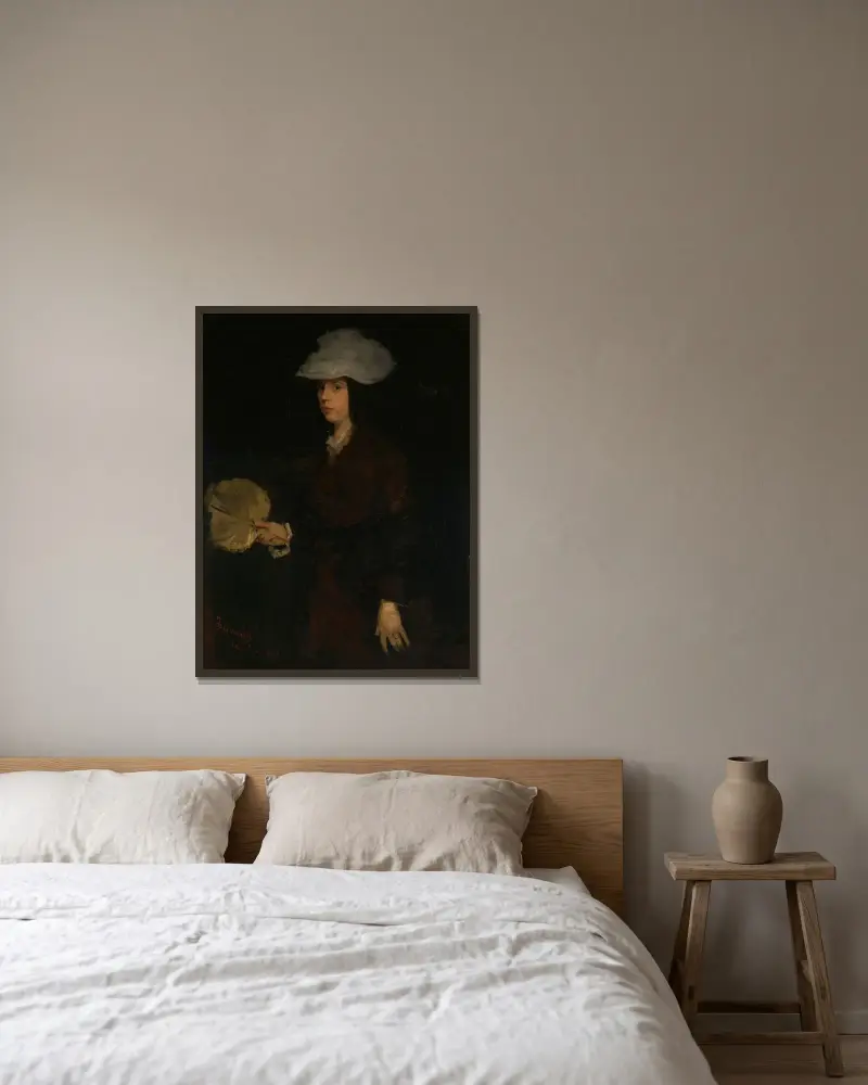 Damen med solfjäder av Frank Duveneck inramad på en vägg