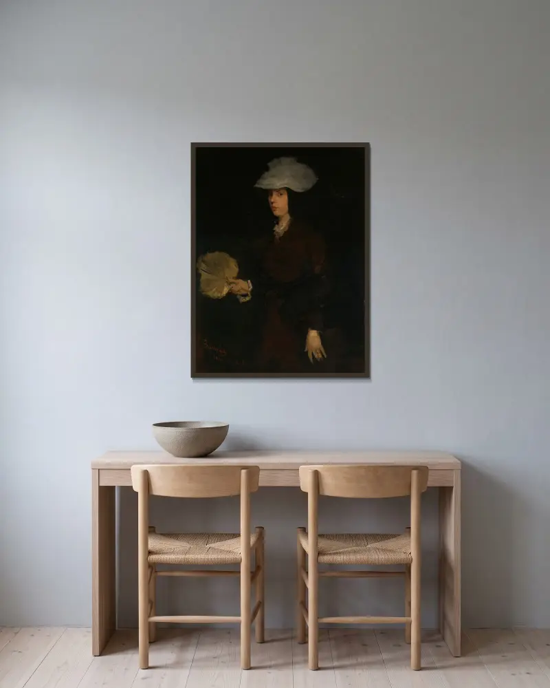 Damen med solfjäder av Frank Duveneck inramad på en vägg