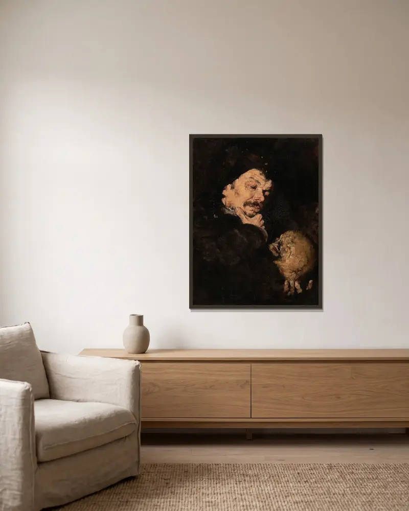 Man som håller en skalle (Memento Mori) av Frank Duveneck inramad på en vägg
