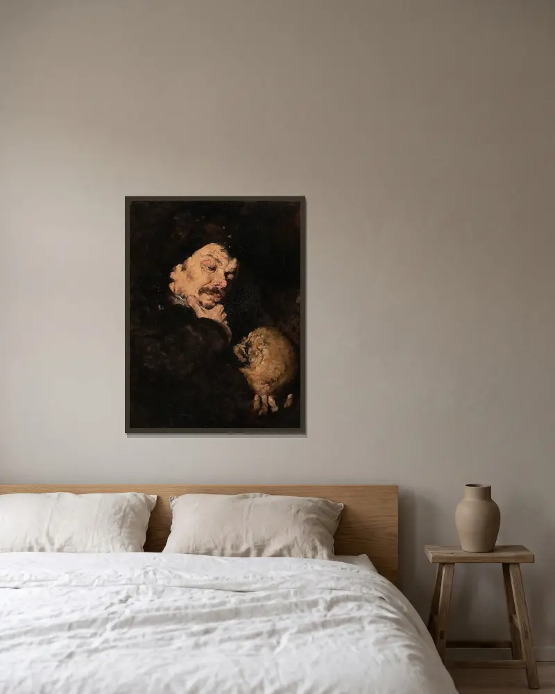 Man som håller en skalle (Memento Mori) av Frank Duveneck inramad på en vägg