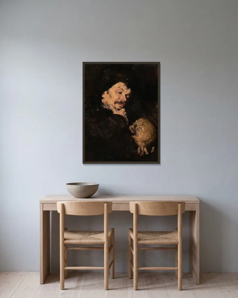 Man som håller en skalle (Memento Mori) av Frank Duveneck inramad på en vägg