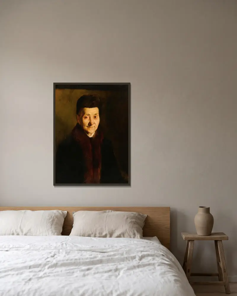 Porträtt av en äldre dam av Frank Duveneck inramad på en vägg