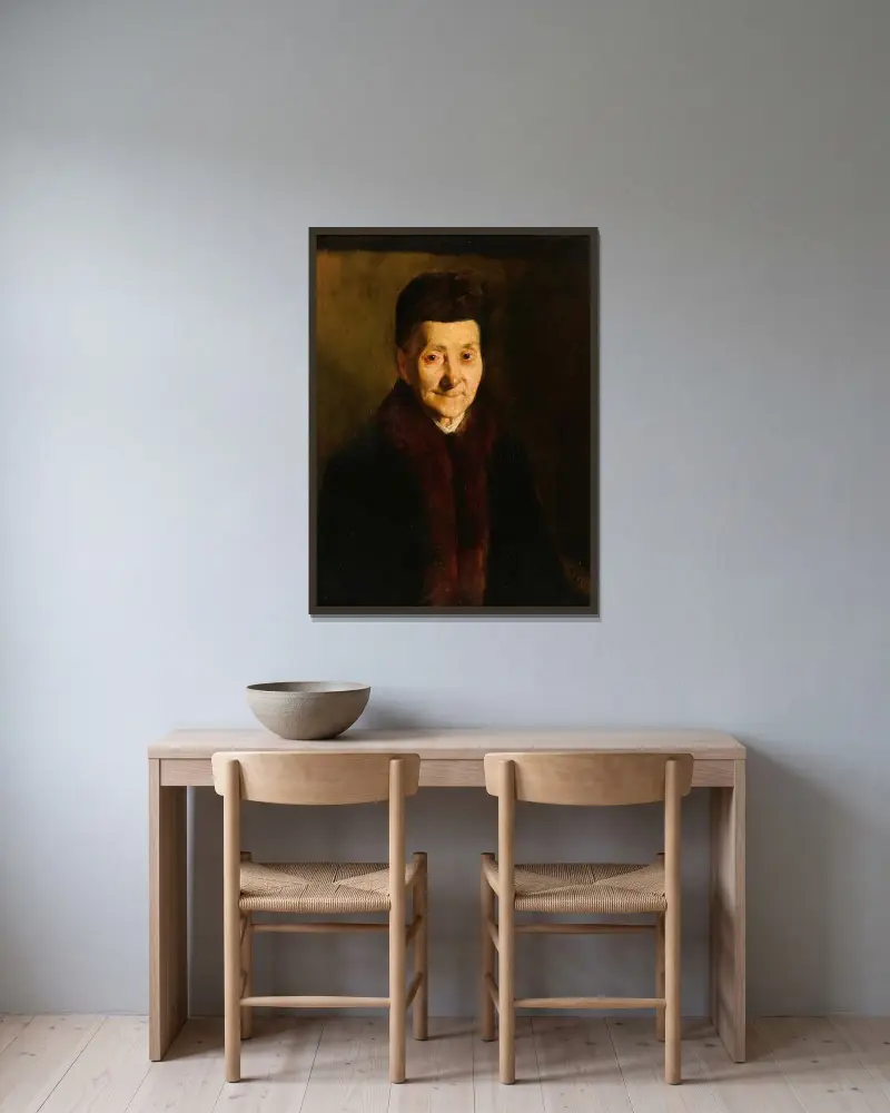 Porträtt av en äldre dam av Frank Duveneck inramad på en vägg