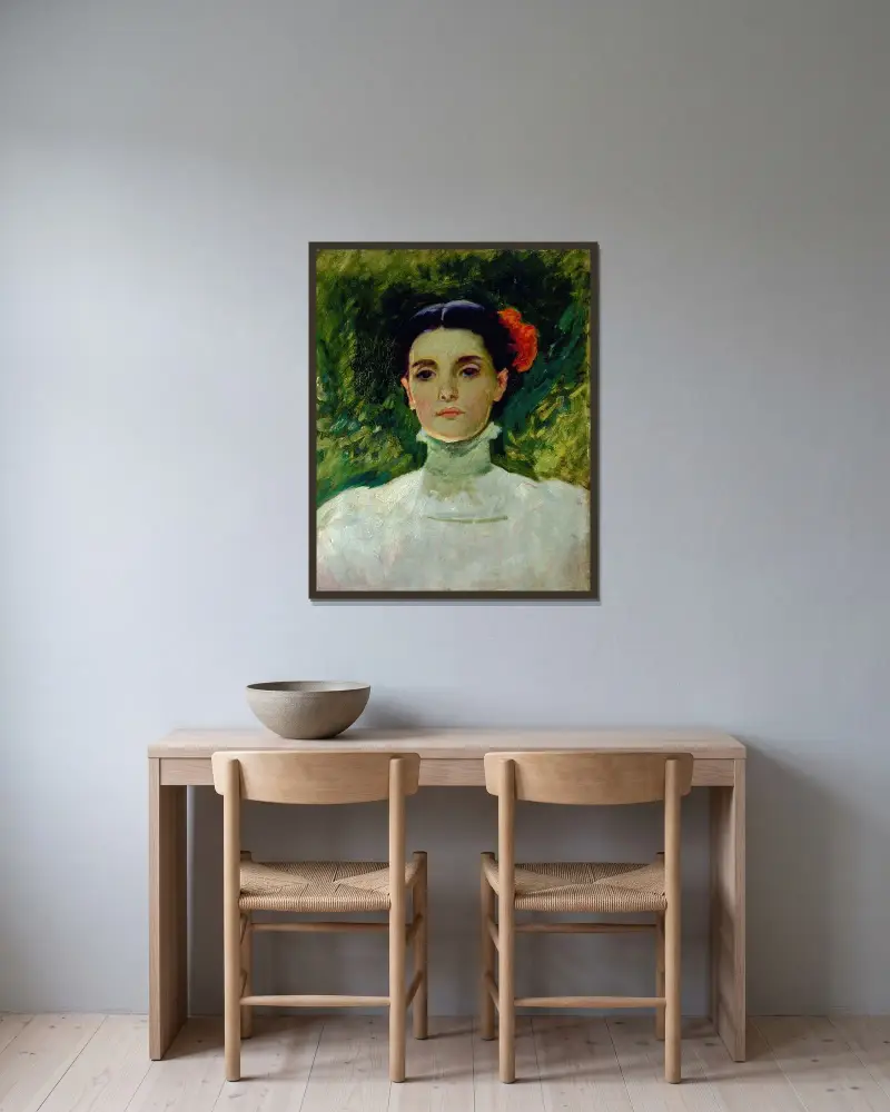 Porträtt av Maggie Wilson av Frank Duveneck inramad på en vägg