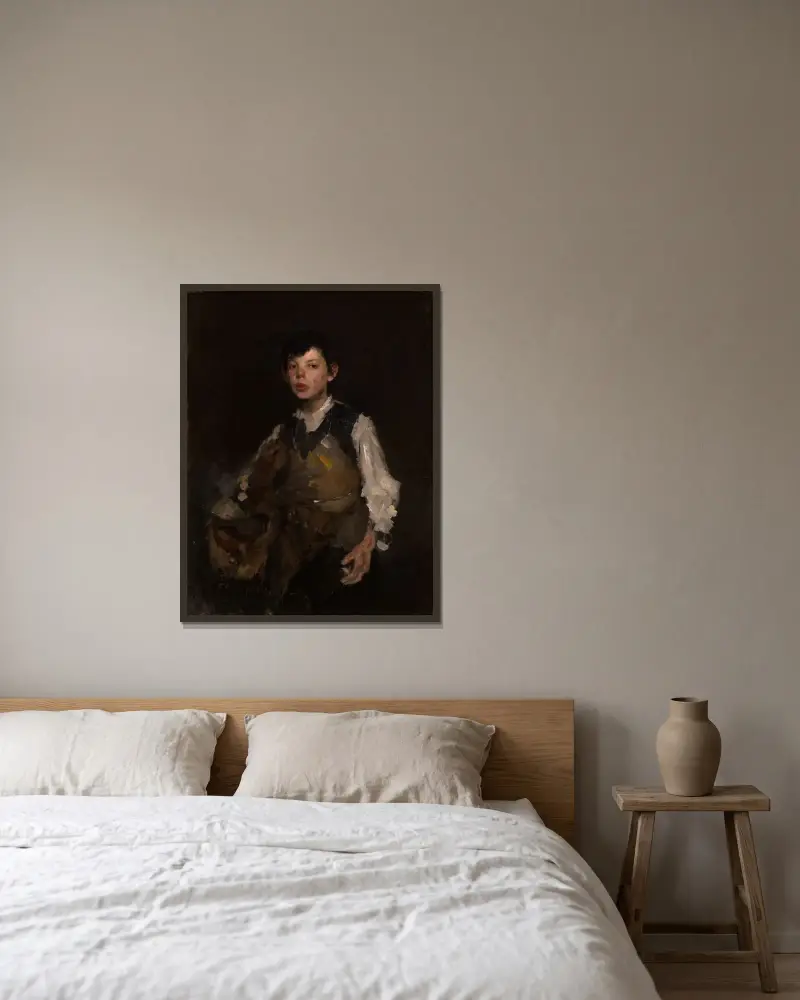 Den visslande pojken av Frank Duveneck inramad på en vägg