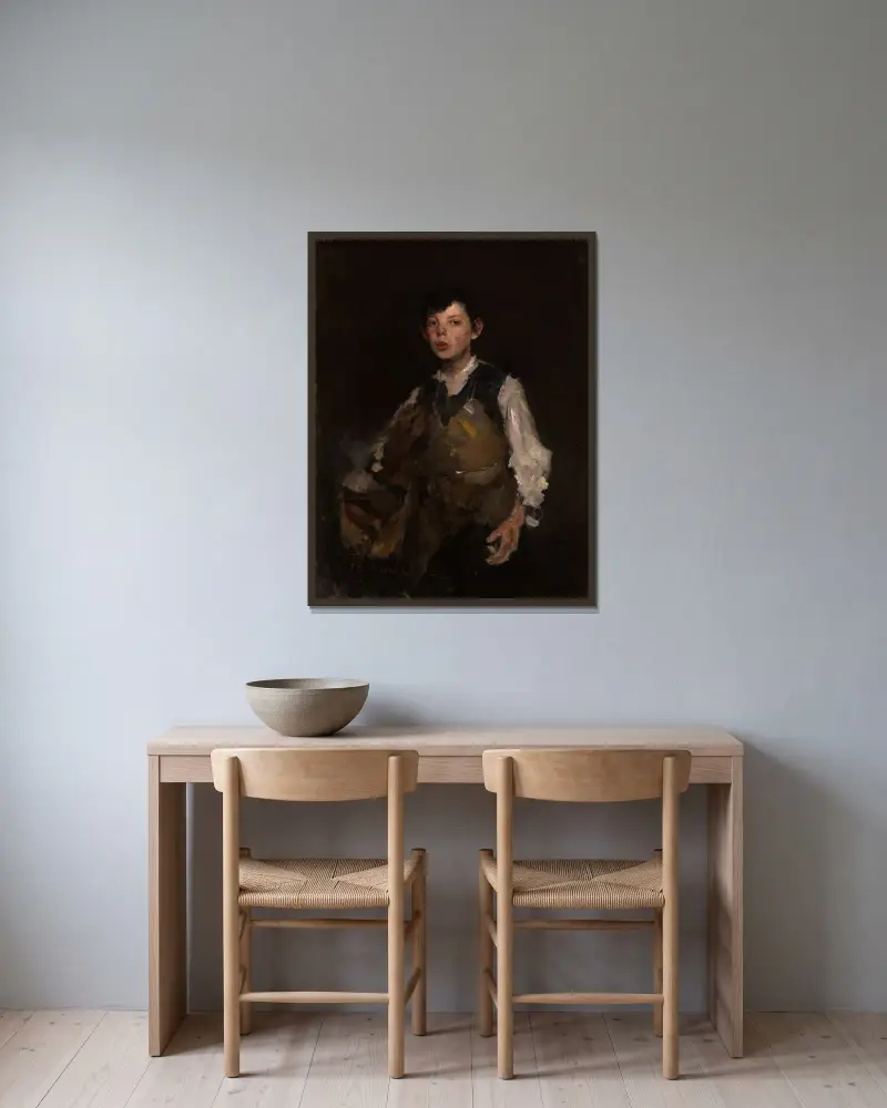 Den visslande pojken av Frank Duveneck inramad på en vägg