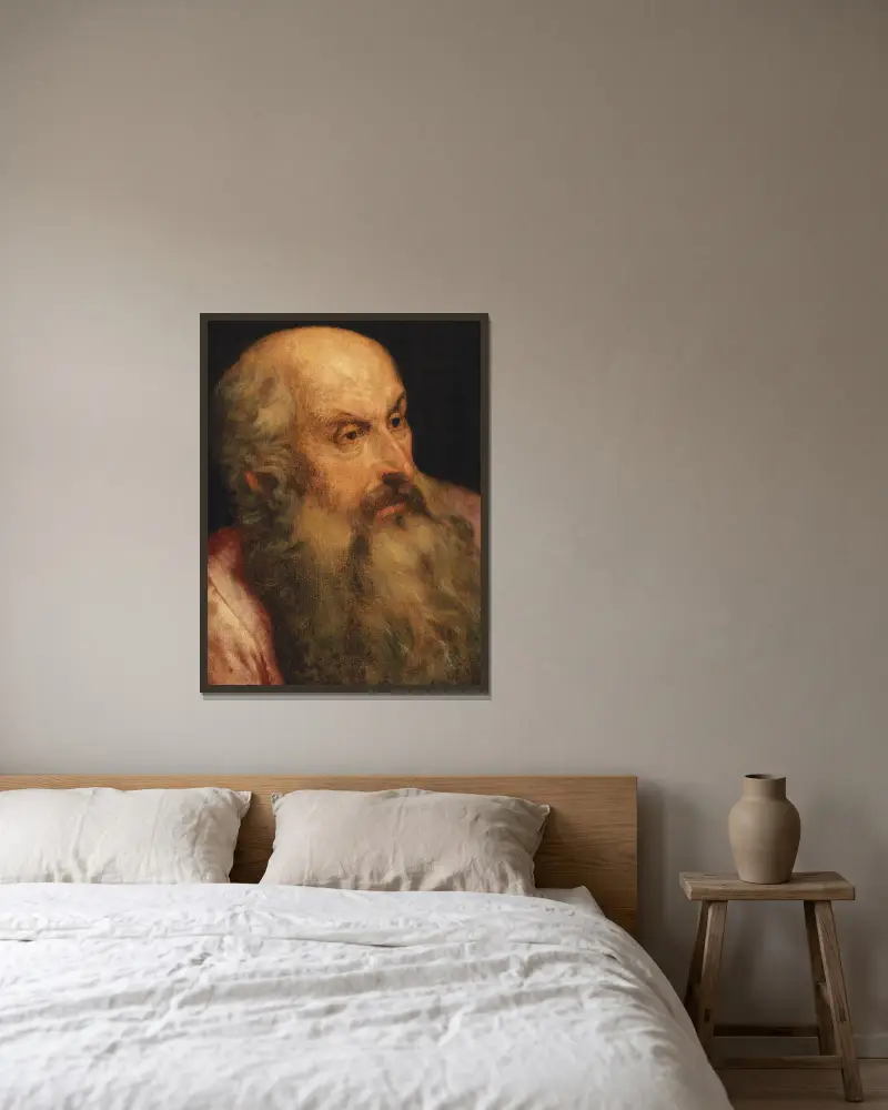 A Study Of A Bearded Man av Frans Floris inramad på en vägg