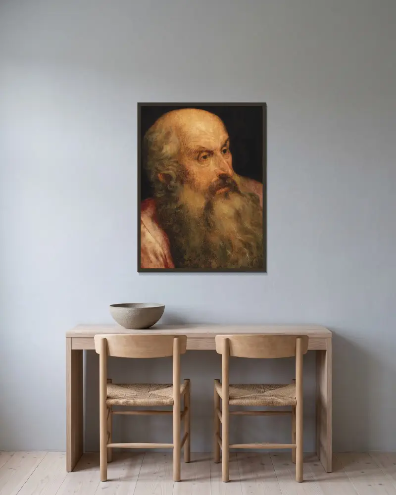 A Study Of A Bearded Man av Frans Floris inramad på en vägg