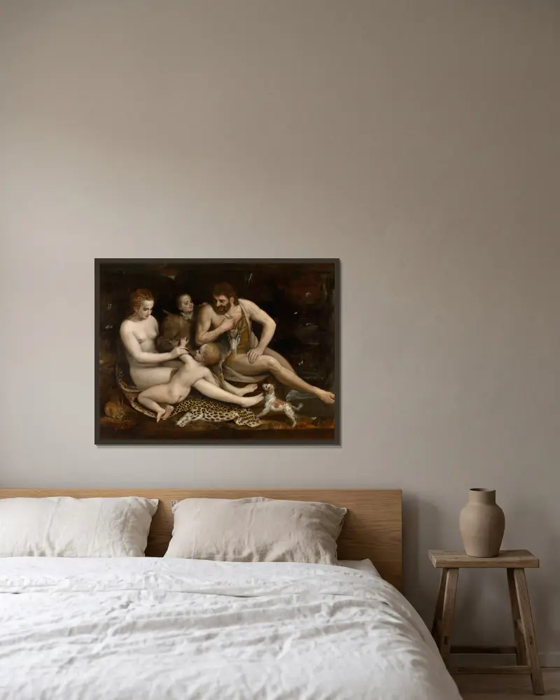 Adam and Eve and their Children av Frans Floris inramad på en vägg