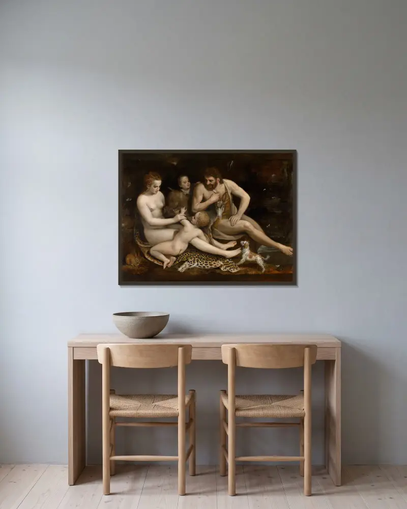 Adam and Eve and their Children av Frans Floris inramad på en vägg