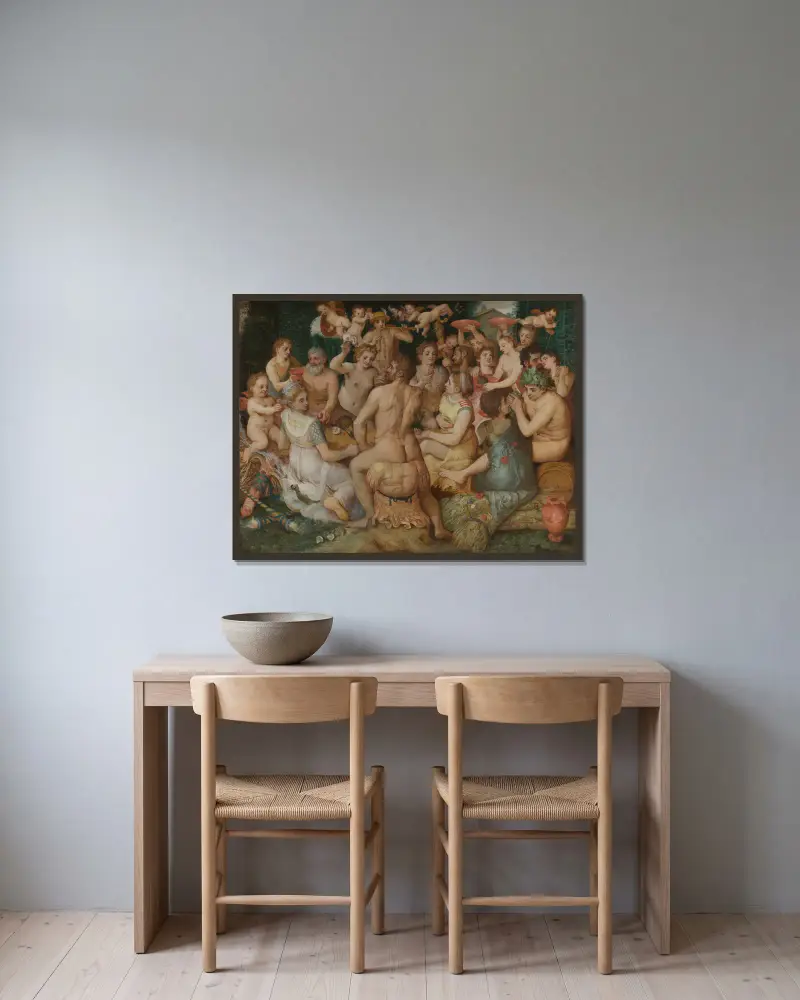 Gudarnas bankett av Frans Floris inramad på en vägg