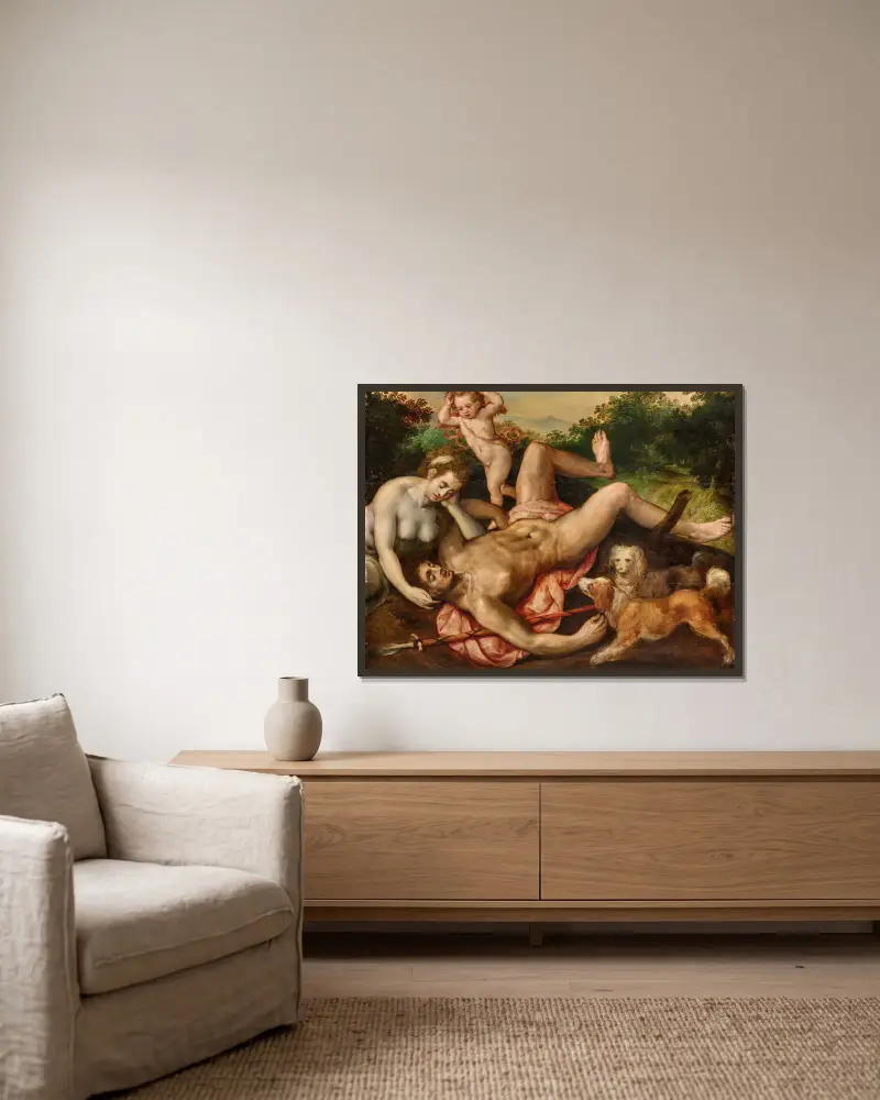 The Death of Adonis av Frans Floris inramad på en vägg