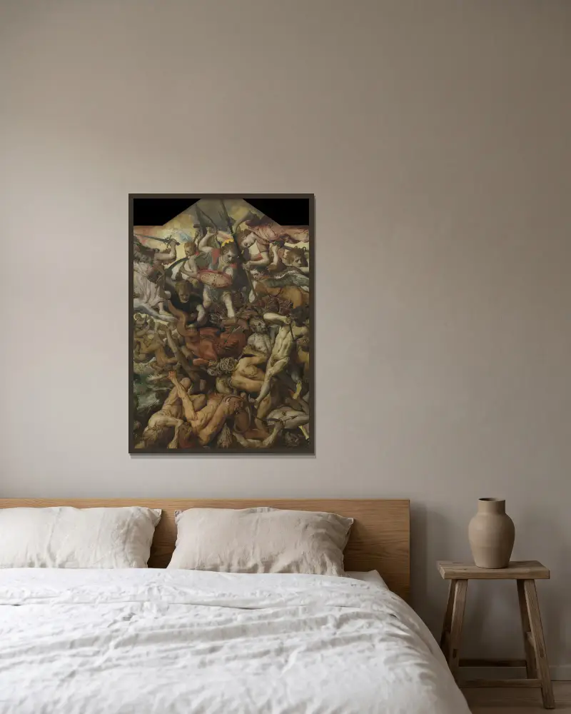 The Fall of Rebelious Angels av Frans Floris inramad på en vägg