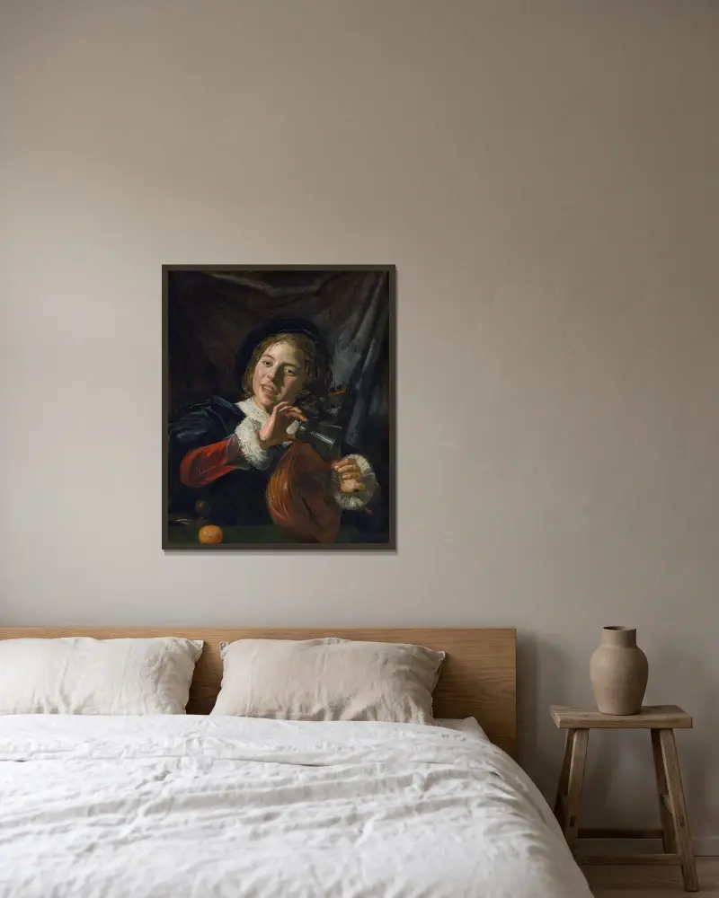 Knabe mit Laute von Frans Hals gerahmt an einer Wand