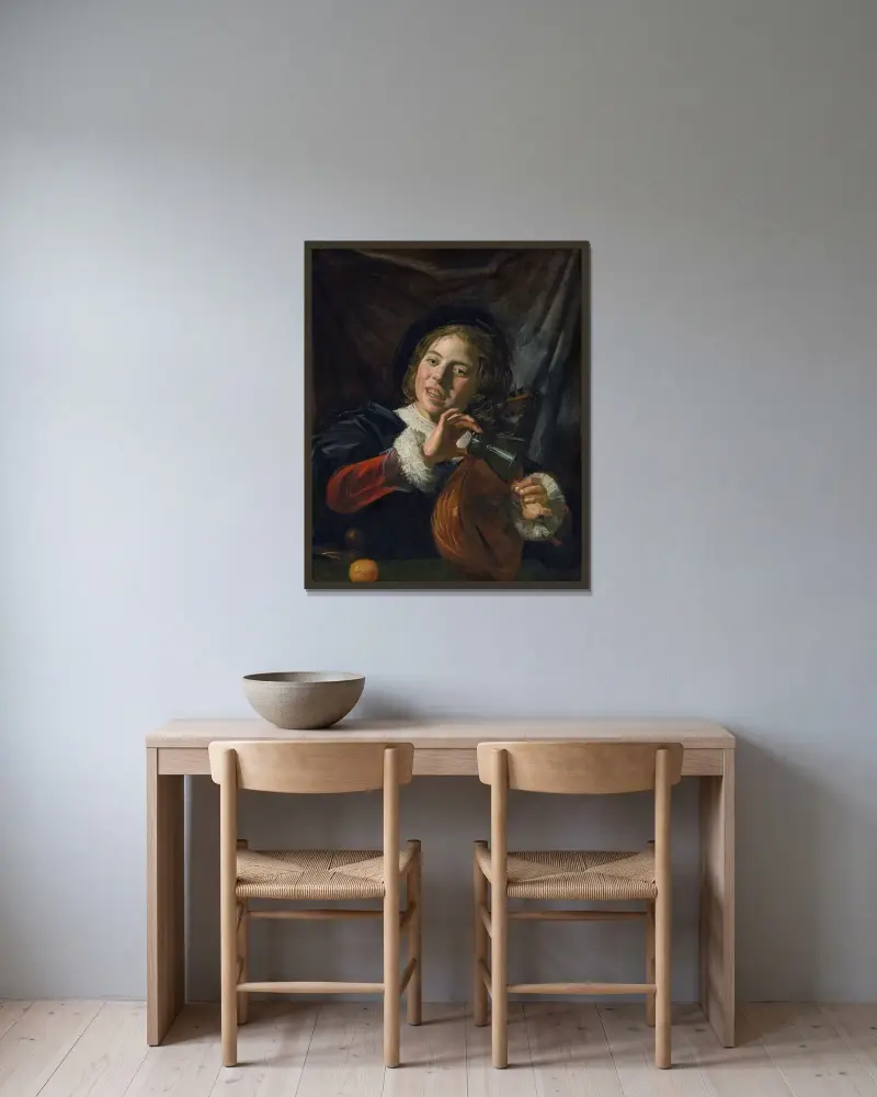 Knabe mit Laute von Frans Hals gerahmt an einer Wand