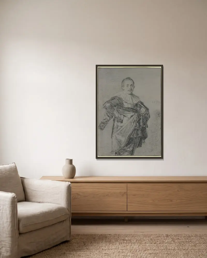 Junger stehender Mann mit Mantel und glatter Halskrause, Kniestück av Frans Hals inramad på en vägg