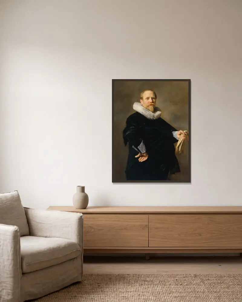 Portrait of a Man – nr 1 av Frans Hals inramad på en vägg