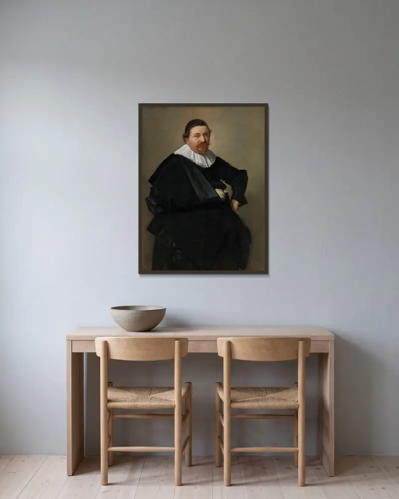 Portrait of Lucas de Clercq av Frans Hals inramad på en vägg