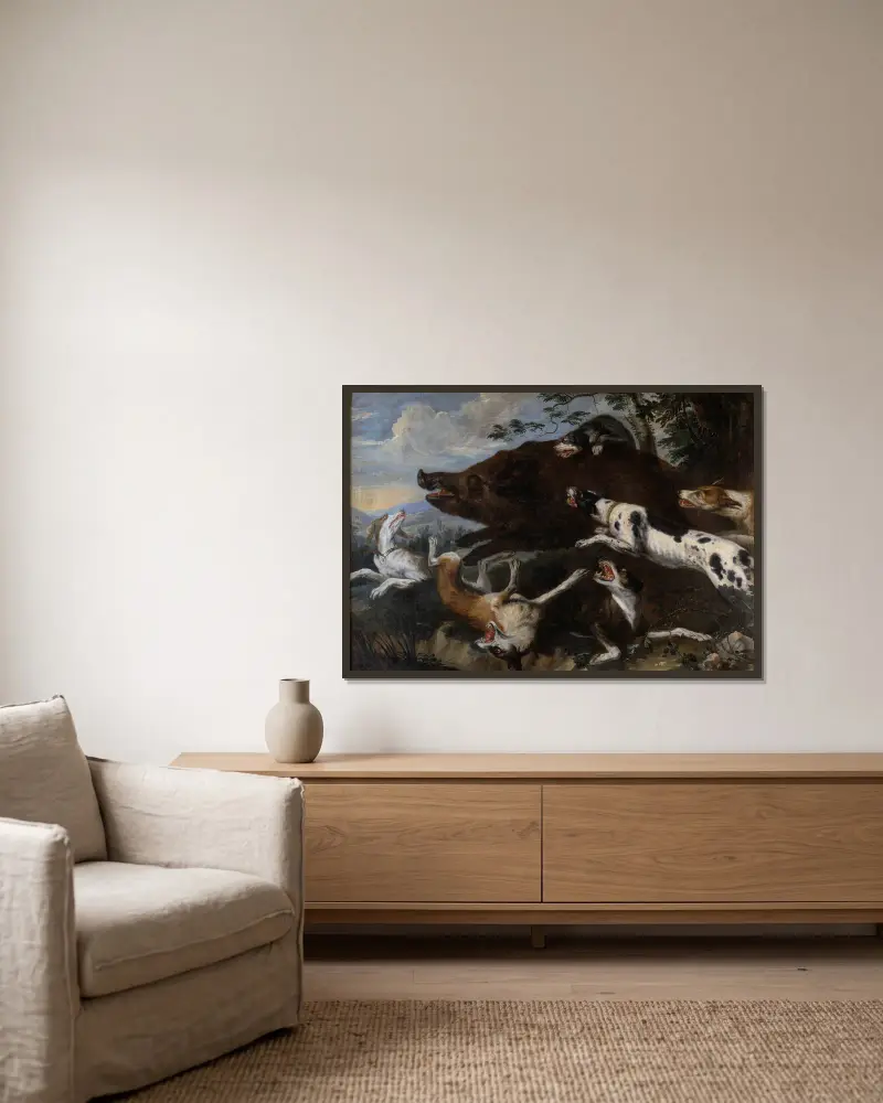 Wildschweinjagd von Frans Snyders gerahmt an einer Wand
