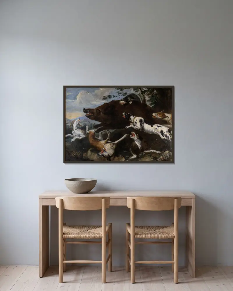 Wildschweinjagd von Frans Snyders gerahmt an einer Wand