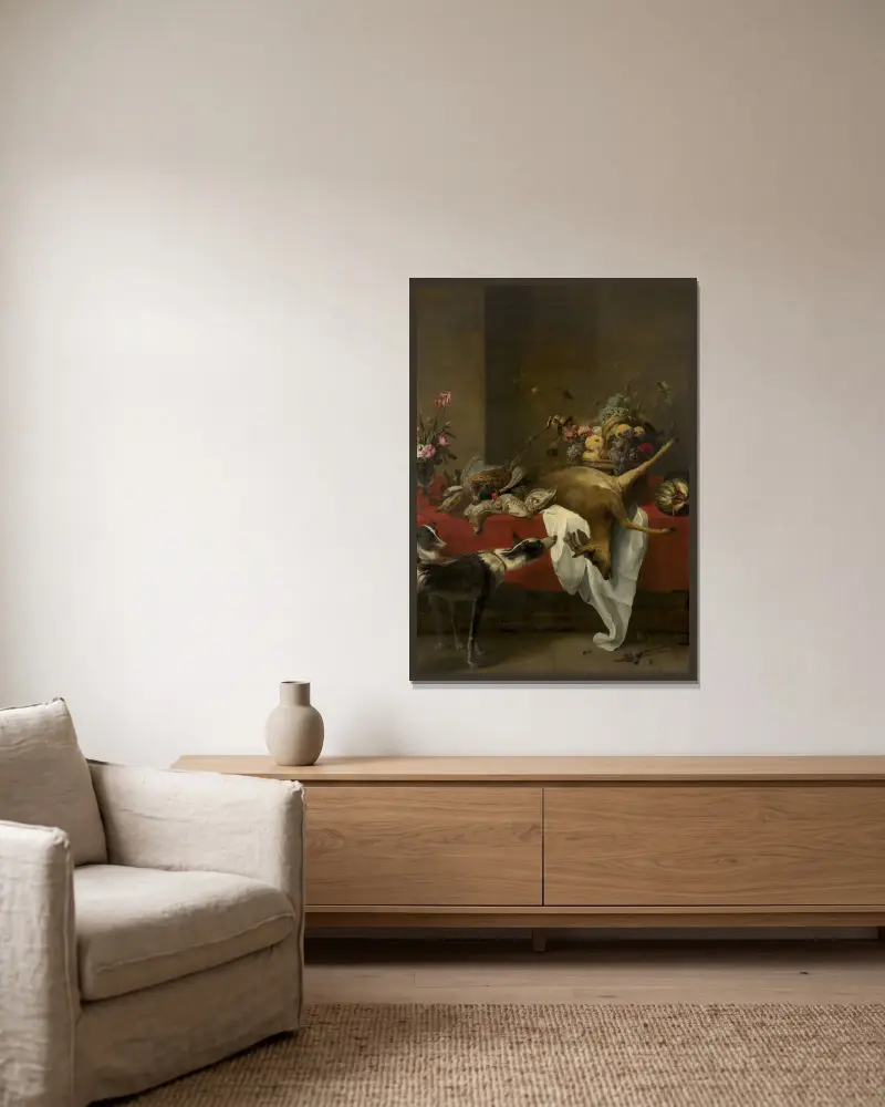 Vilt, fruktkorg och vas med blommor på ett bord av Frans Snyders inramad på en vägg