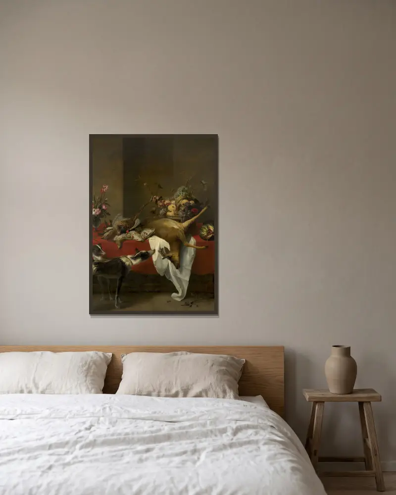 Vilt, fruktkorg och vas med blommor på ett bord av Frans Snyders inramad på en vägg
