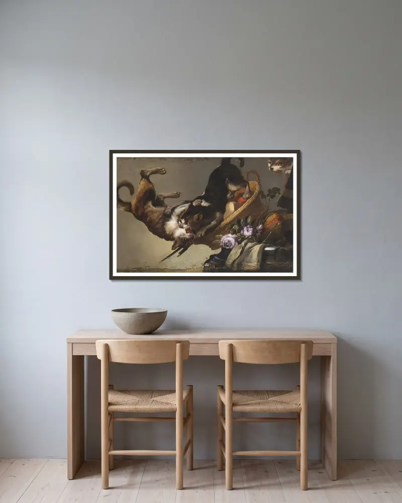 Kämpfende Katzen von Frans Snyders gerahmt an einer Wand
