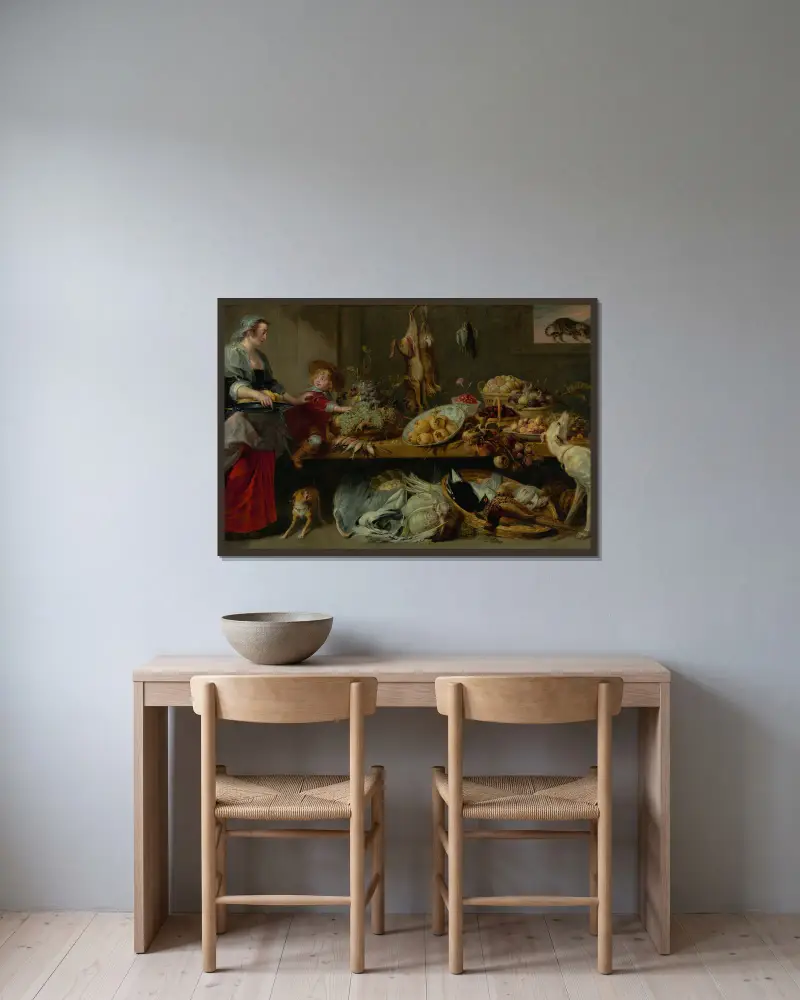 Kökstilleben med piga och ung pojke av Frans Snyders inramad på en vägg