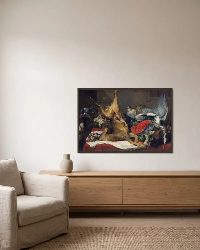 Still Life with Dead Game, a Monkey, a Parrot, and a Dog av Frans Snyders inramad på en vägg