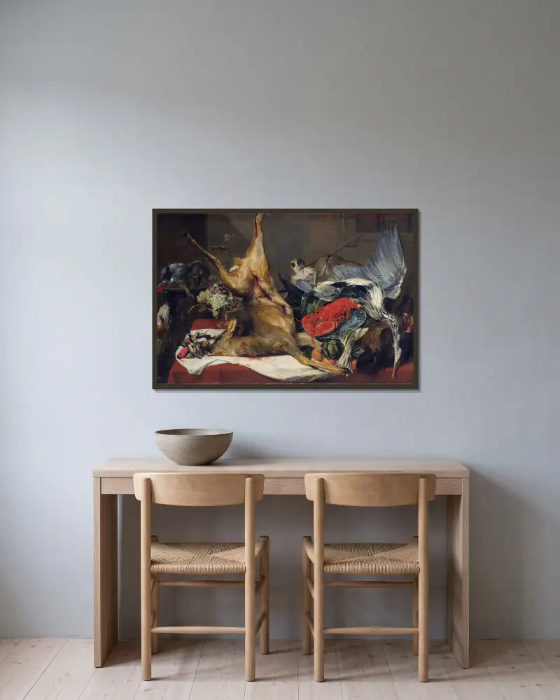Still Life with Dead Game, a Monkey, a Parrot, and a Dog av Frans Snyders inramad på en vägg