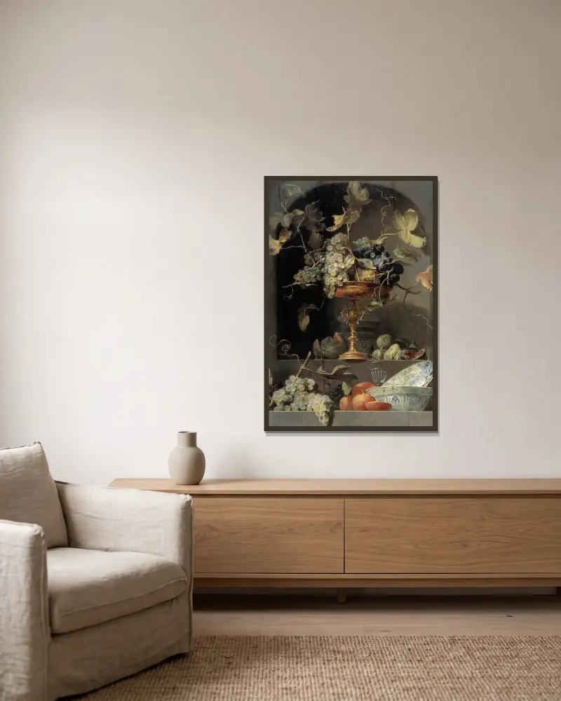 Stilleben med fruktskål i nisch av Frans Snyders inramad på en vägg