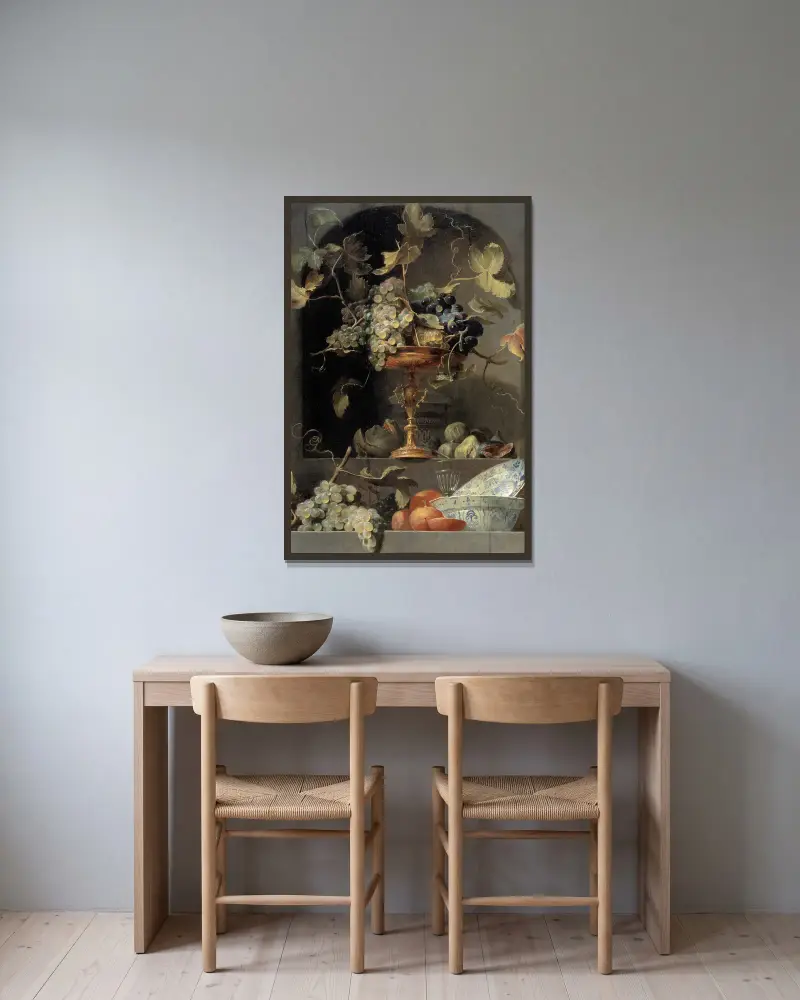 Stilleben med fruktskål i nisch av Frans Snyders inramad på en vägg