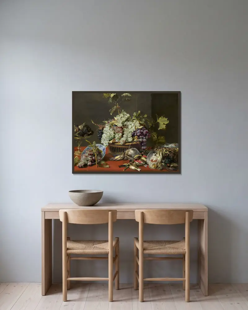 Still Life with Grapes and Game av Frans Snyders inramad på en vägg