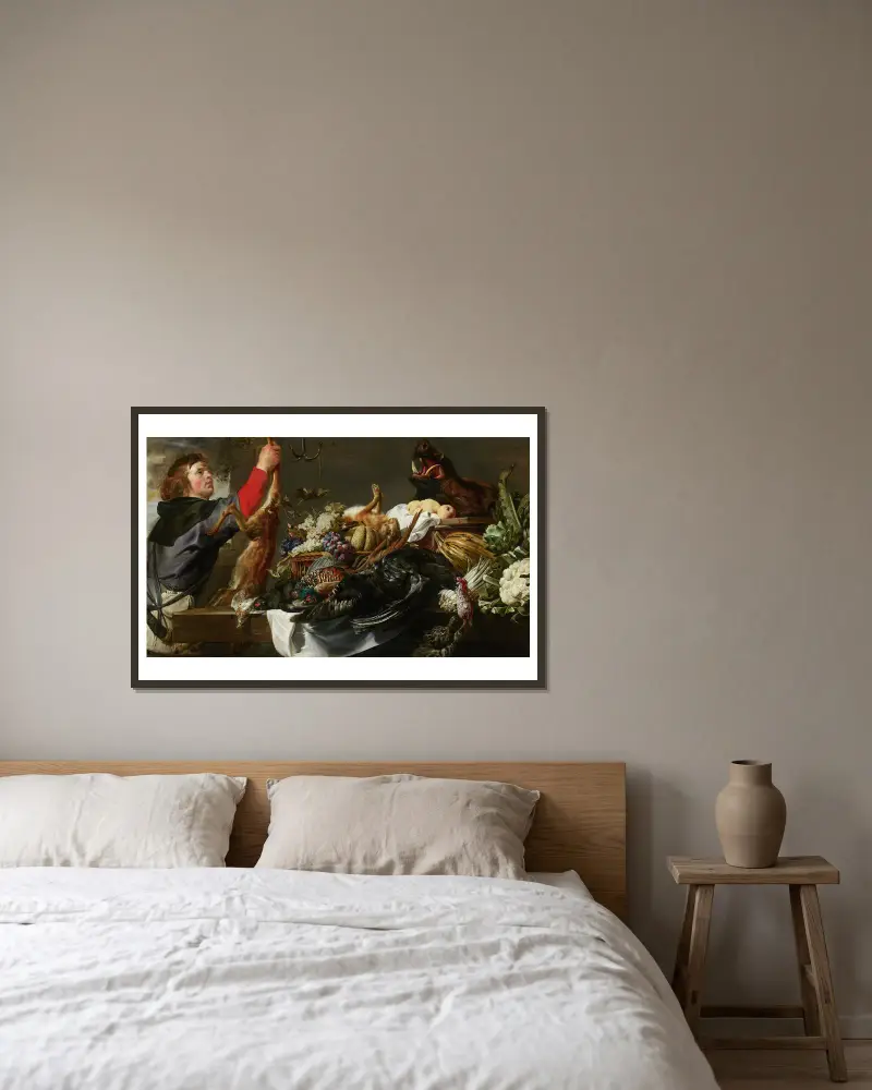 Still Life with Huntsman av Frans Snyders inramad på en vägg