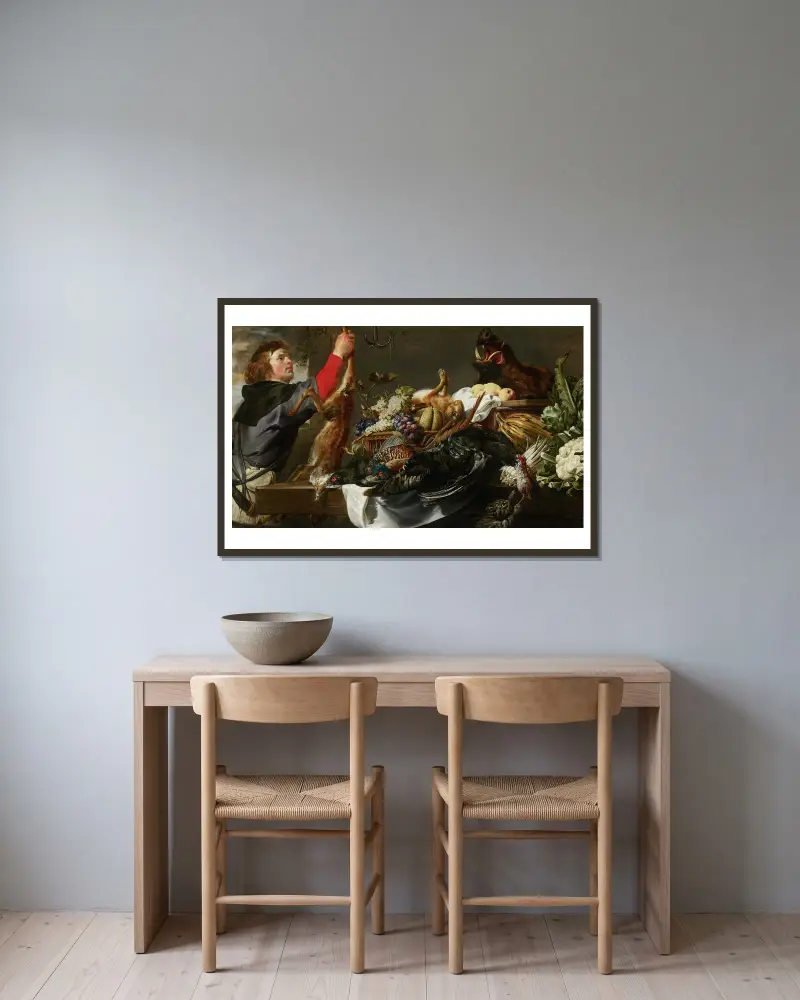 Still Life with Huntsman av Frans Snyders inramad på en vägg