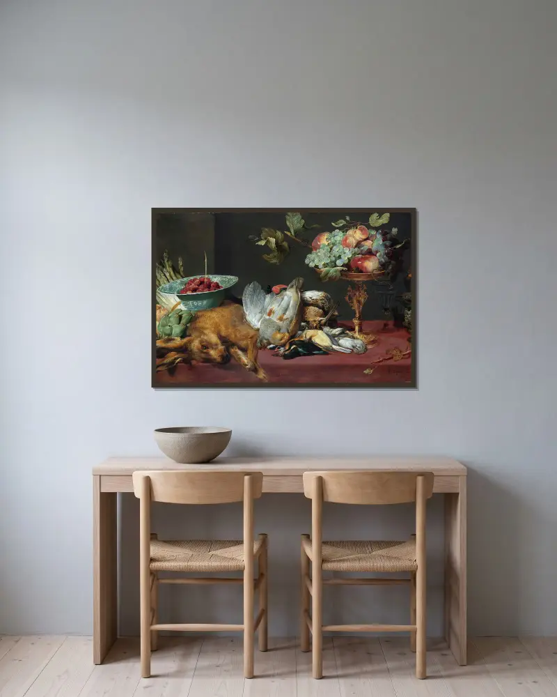 Still life with small game and fruits av Frans Snyders inramad på en vägg