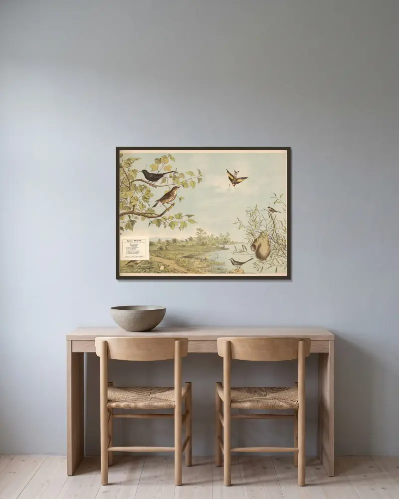 ) Feldlerche .(Alauda arvensis). ) Bachstelze (Mota-cilla). ) Umfel (Turdus merula). ) Singdrossel (Turdus torquatus). ) Beutelmeise (Parus pendulinus). ) Stieglitz (Fringilla carduelis) av Franz Engleder inramad på en vägg