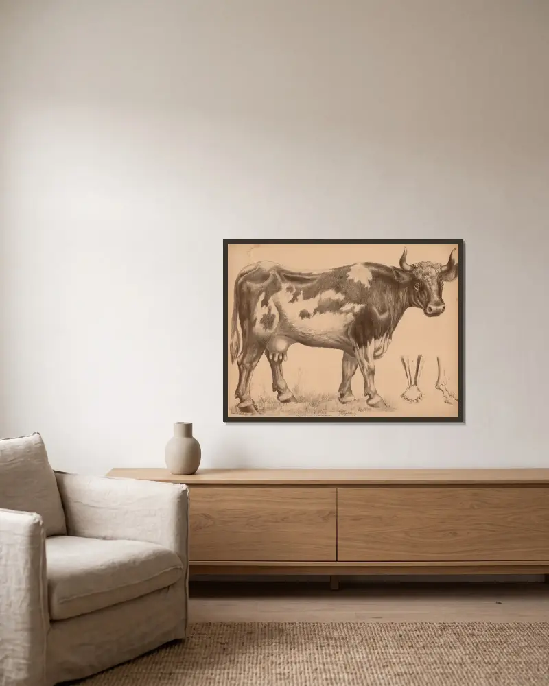 Rind (Bos taurus) (Kuh) a) Unterkiefer b) Fussskelett av Franz Engleder inramad på en vägg