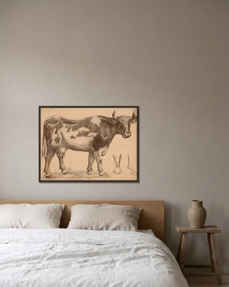 Rind (Bos taurus) (Kuh) a) Unterkiefer b) Fussskelett av Franz Engleder inramad på en vägg