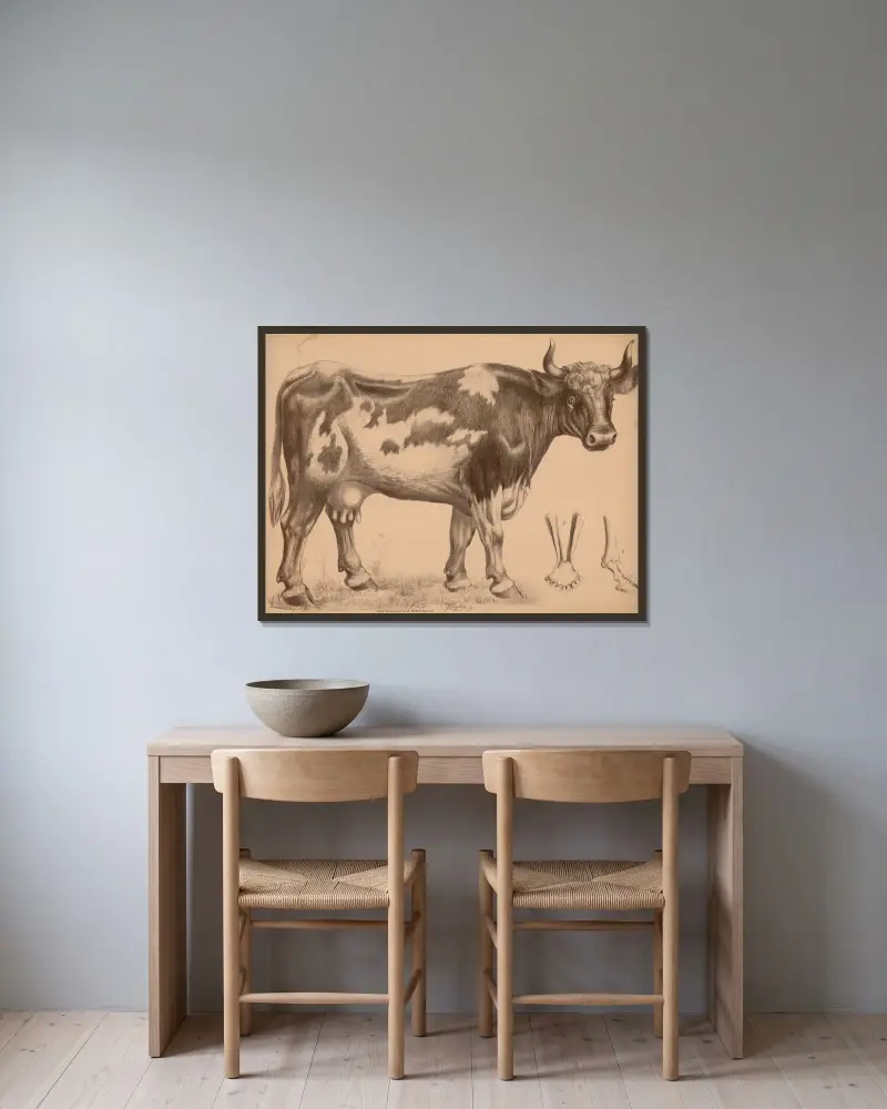 Rind (Bos taurus) (Kuh) a) Unterkiefer b) Fussskelett av Franz Engleder inramad på en vägg