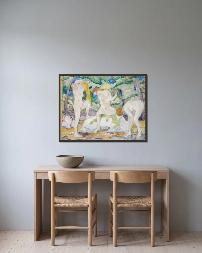 Badende Frauen von Franz Marc gerahmt an einer Wand