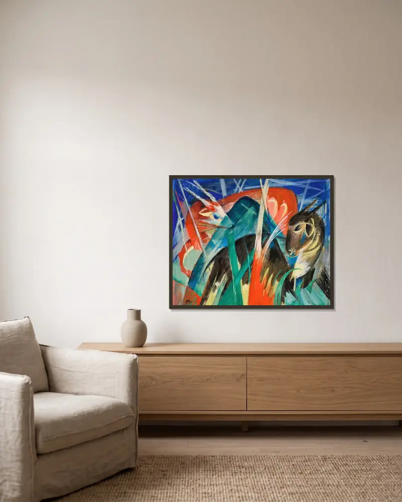 Baśniowe zwierzęta I (Kompozycja ze zwierzętami I), Franz Marc w ramie na ścianie