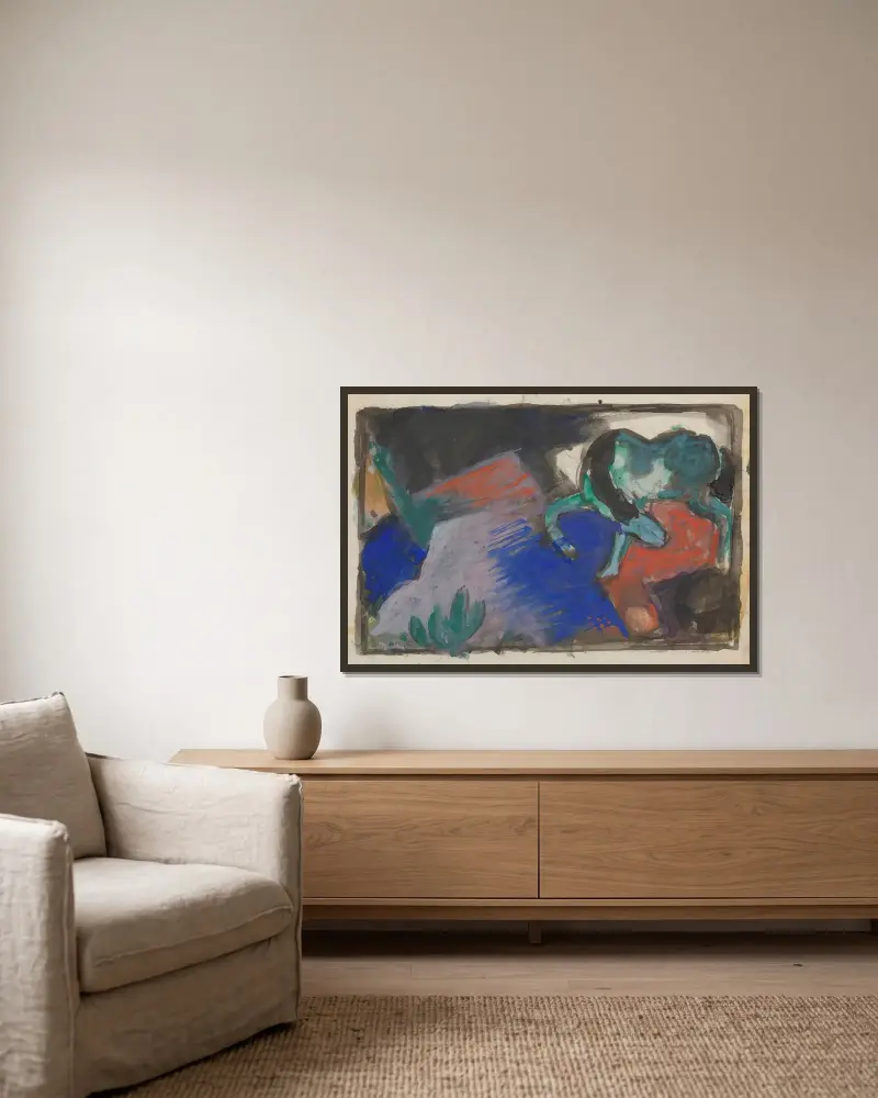 Green Horse in Landscape av Franz Marc inramad på en vägg