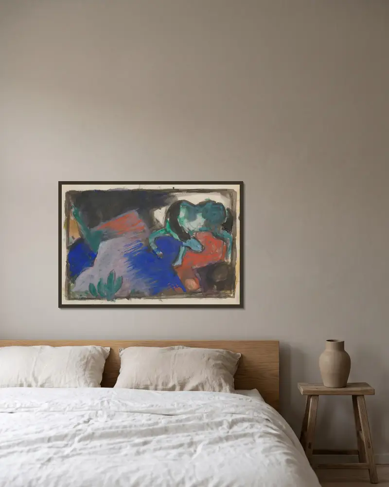 Green Horse in Landscape av Franz Marc inramad på en vägg