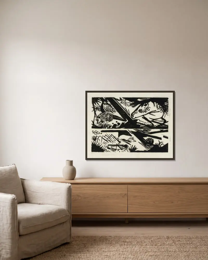 Pferd und Igel von Franz Marc gerahmt an einer Wand